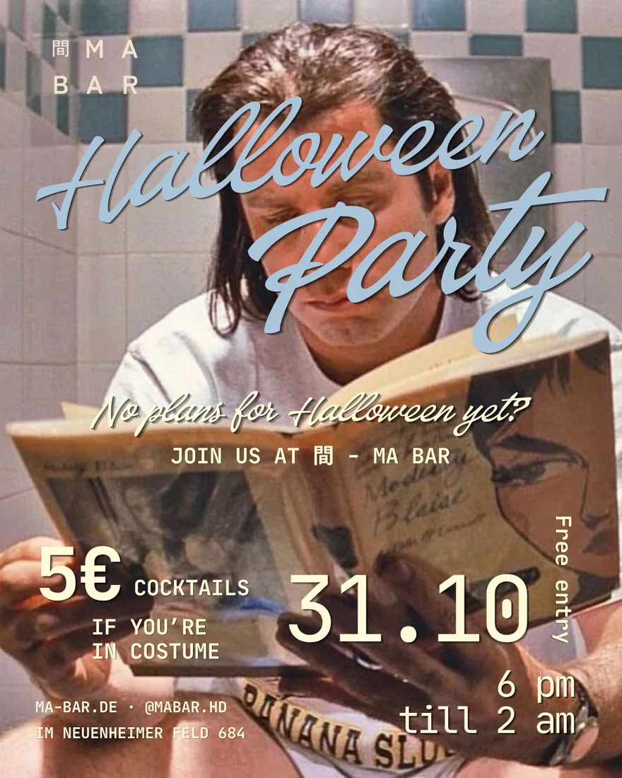 Plakat zur Halloween Party am 31. Oktober, 18 bis 2 Uhr, Eintritt frei, Cocktails 5,00 im Kostüm